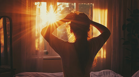 A captivating scene of a woman in a bedroom, silhouetted by the warm morning light streaming through a window, evoking feelings of peace and tranquility.の素材