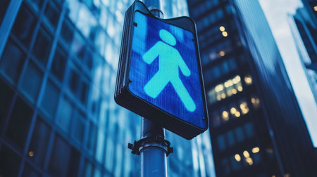 An illuminated blue pedestrian walk signal stands tall against a backdrop of urban high-rise buildings, capturing the essence of city life during twilight.の素材