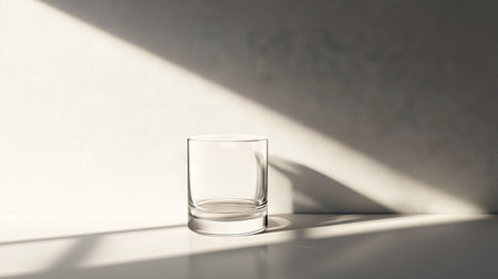 A clear glass tumbler stands on a white surface, illuminated by soft sunlight casting gentle shadows. The minimalistic setting creates an elegant and serene atmosphere.の素材