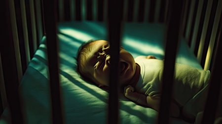 A newborn baby lies in a crib, crying softly in the dim light of night. Soft shadows create a serene atmosphere, highlighting the poignant emotions of early parenthood.の素材