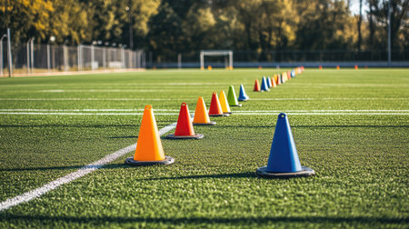 A vibrant array of training cones positioned on a sports field provides an energetic setting for athletic drills and coaching sessions under clear skies.の素材