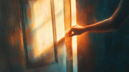 A hand gently opens a door, inviting warm light into a dim room. This image reflects themes of hope, discovery, and the interplay of light and shadow.の素材