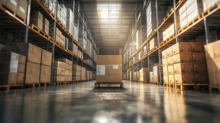 An expansive warehouse showcases neatly arranged boxes on pallets with bright lighting highlighting the organized storage space, perfect for logistics and inventory management.の素材