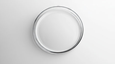 A clear, round glass dish sits on a smooth white surface, perfect for culinary or scientific uses, highlighting simplicity and elegance in design.の素材