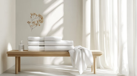 A serene spa-like setting showcasing neatly stacked white towels on a wooden bench, illuminated by gentle sunlight filtering through sheer curtains, perfect for relaxation.の素材