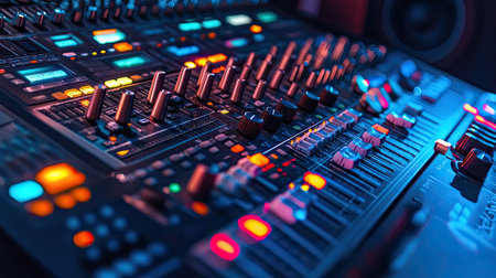 A close-up view of a vibrant audio mixing console displaying an array of knobs, lights, and controls, ideal for music production and sound engineering scenarios.の素材
