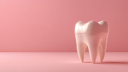 This striking 3D model of a white tooth on a soft pink background symbolizes the importance of dental care and oral hygiene in everyday health and wellness practices.の素材
