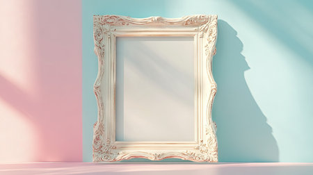 A stunning vintage frame stands against a pastel background, casting soft shadows. Perfect for artistic displays, home decor, or creative photography projects.の素材