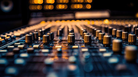 Close-up image of an audio mixer with illuminated controls, capturing the essence of music production in a recording studio. The warm lights create an inviting atmosphere.の素材