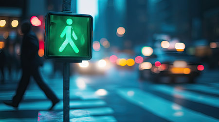 A green pedestrian crossing signal stands out in a lively urban environment, signaling safe passage for pedestrians in a bustling city filled with movement and energy.の素材