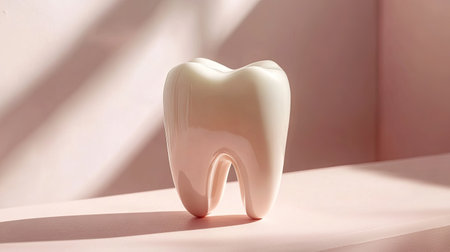 A charming ceramic tooth sculpture rests on a soft pink surface, creating an artistic focal point. Ideal for dental decor, creative projects, or modern home styling.の素材