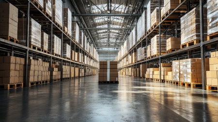 A spacious warehouse interior highlighted with natural sunlight, showcasing organized stacks of cardboard boxes on pallets for efficient storage and logistics management.の素材