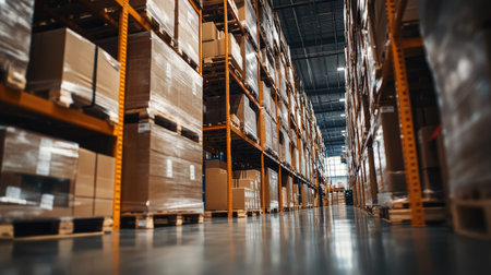 A spacious industrial warehouse featuring well-organized stacks of cardboard boxes on wooden pallets. Bright lighting illuminates the clean aisles, enhancing efficiency.の素材