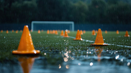 Orange cones dot a rain-soaked football pitch, creating a striking scene that captures the essence of outdoor training amid challenging weather conditions.の素材