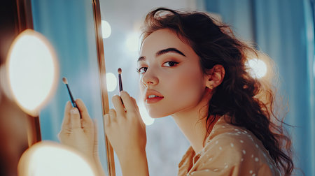 A young woman engages in her beauty routine, applying makeup in front of a mirror. Soft lighting creates a warm atmosphere, highlighting elegance and confidence.の素材