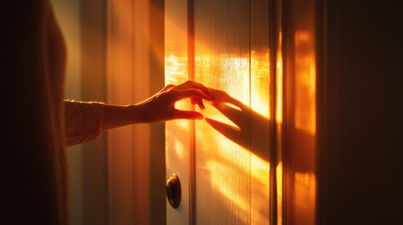 A hand delicately reaches toward a door illuminated by soft golden sunlight. The warm glow and gentle shadows create a serene and inviting atmosphere in the home.の素材