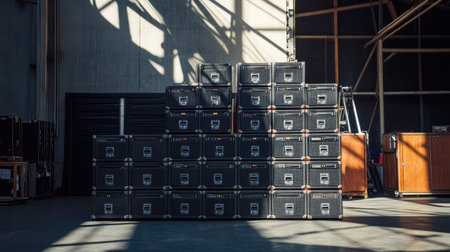 A striking scene featuring stacked equipment cases in a spacious industrial setting, showcasing the interplay of light and shadow, ideal for music or production-related themes.の素材