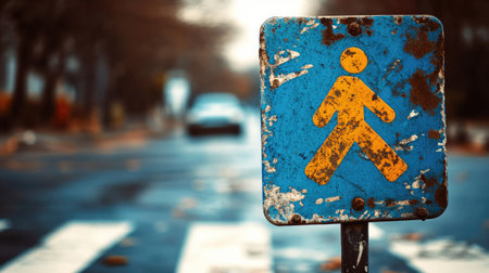 A weathered pedestrian sign stands prominently in an urban area, capturing the essence of traffic safety and movement for walkers in a vibrant city environment.の素材