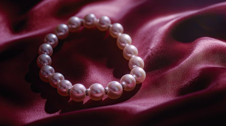 A strand of exquisite freshwater round pearls, glistening with a soft sheen on a velvet backdrop.の素材