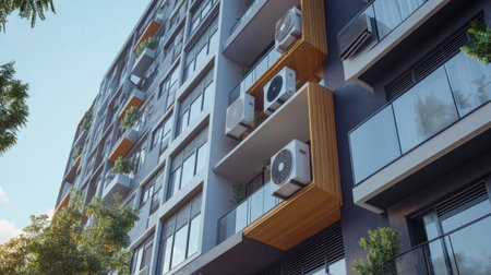 A stylish apartment block showcasing compact air conditioners on the outer walls in a neat arrangement.の素材