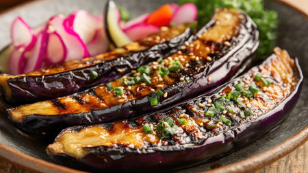 A steaming hot serving of grilled eggplant in sweet miso sauce, served on a plate with a side of pickled vegetablesの素材