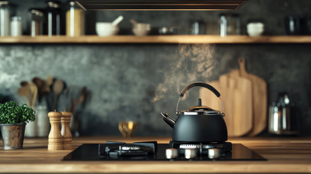 A stylish black matte kettle boiling on a gas stove, with a cozy kitchen ambiance and wooden shelves.の素材