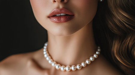 A stylish freshwater pearl choker featuring perfectly round pearls, paired with a designer dress.の素材