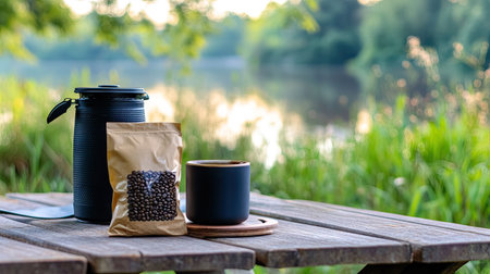 A travel-friendly coffee drip setup with a portable dripper, mug, and a small bag of beans on a picnic table.の素材