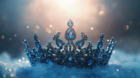 A vintage-style crown encrusted with glittering blue gemstones, surrounded by a backdrop of soft, glowing light.の素材