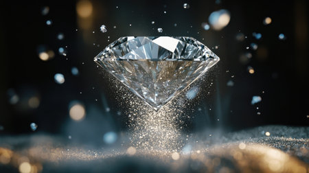 A stunning diamond suspended in air appears weightless, silver diamond dust adding a touch of magic to the scene.の素材