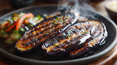 A steaming hot serving of grilled eggplant in sweet miso sauce, served on a plate with a side of pickled vegetablesの素材