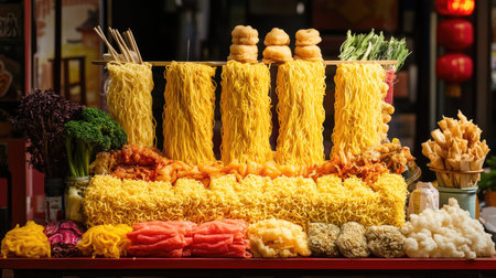 A street food vendor's display of yellow dry noodles with various toppings and condiments.の素材