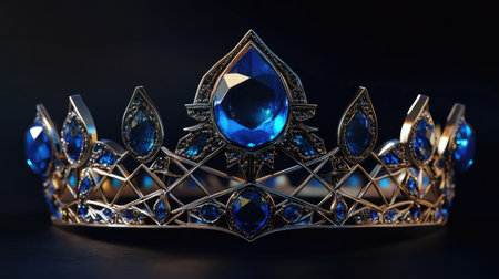 A unique crown design with geometric patterns and radiant blue jewels, highlighted by dramatic shadowing.の素材