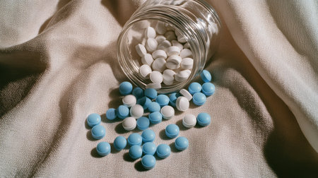 A tipped jar of painkillers spilling white and blue tablets onto a soft beige fabric.の素材