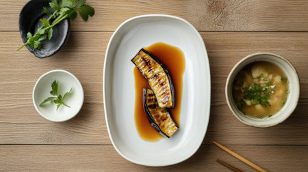 Grilled eggplant with sweet miso sauce plated on a white dish, served alongside chopsticks and a small bowl of miso soupの素材