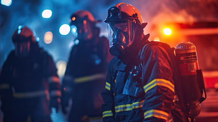 Firefighters assisting an elderly person during an evacuation, their protective suits reflecting emergency lightsの素材
