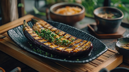 Grilled eggplant with sweet miso sauce served on a dark ceramic plate with traditional Japanese decor in the backgroundの素材