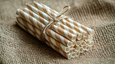 A stack of eco-friendly striped paper straws tied with a twine bow, placed on a burlap fabric.の素材