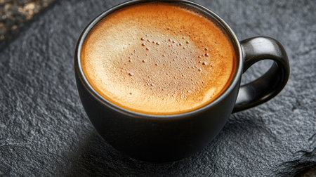 A steaming black coffee mug with a rich crema on top, resting on a dark slate tabletopの素材