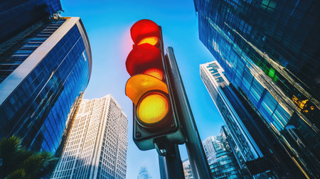 A traffic light at an intersection, surrounded by city buildings and a clear blue sky.の素材