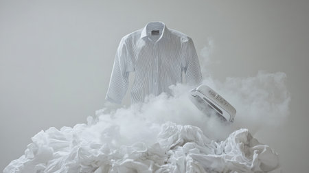 A steaming electric iron hovering over a pile of clothes, showcasing a freshly pressed shirt on a white backdrop.の素材