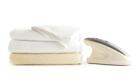 A stylish electric iron next to a pile of freshly laundered towels and linens, isolated on a white background.の素材
