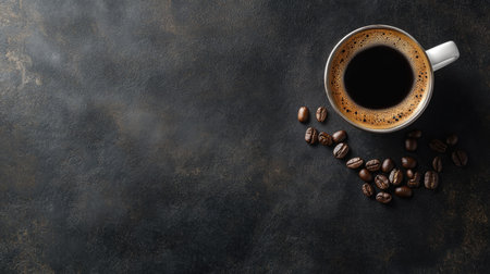 A steaming cup of black coffee on a dark slate surface, surrounded by scattered coffee beans and subtle highlightsの素材