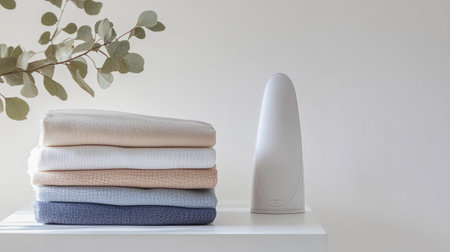 A stack of laundry with a modern cordless electric iron beside it, placed on a pristine white background.の素材
