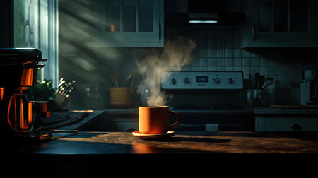 A steaming mug of black coffee surrounded by moody shadows on a dark kitchen counterの素材