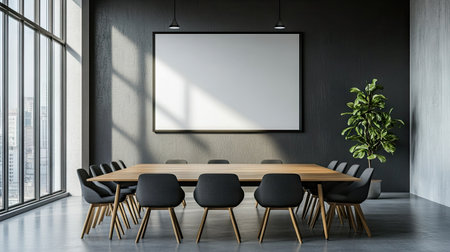 A stylish conference room featuring a large wooden table surrounded by sleek chairs and a decorative plant, designed for professional meetings and presentations.の素材
