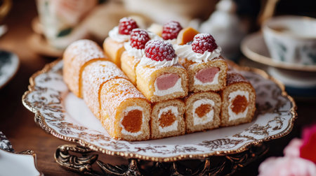 A stack of mini sponge cake rolls with different fillings, served on a decorative tray for afternoon tea.の素材