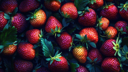 A vibrant close-up of a cluster of strawberries in various stages of ripeness inside a greenhouse.の素材