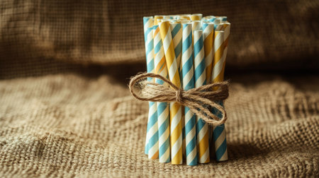 A stack of eco-friendly striped paper straws tied with a twine bow, placed on a burlap fabric.の素材