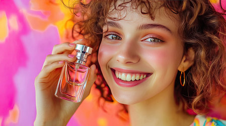 A young woman with a playful smile holding a perfume bottle near her face, with vibrant colors in the backgroundの素材